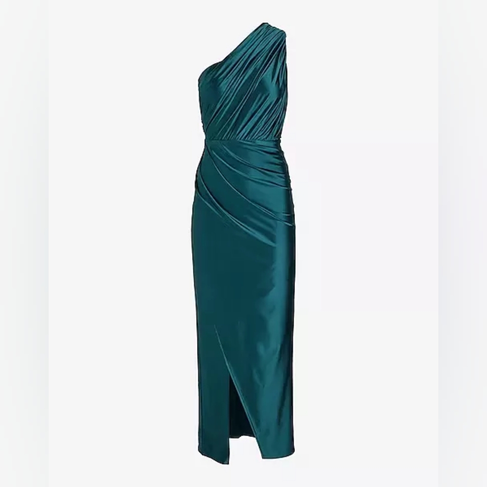 New with Tag Express Satin One Shoulder Ruched Maxi Dress in Turquoise size XS